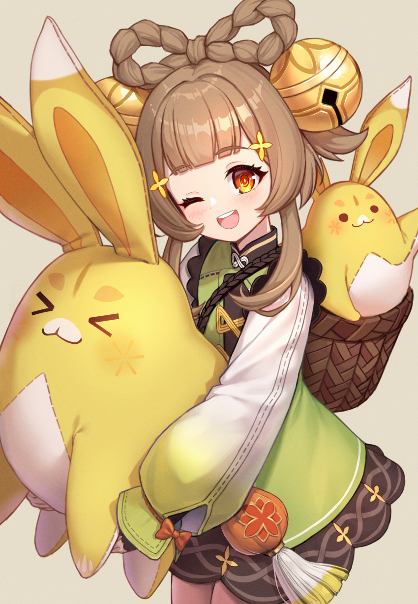 1girl, ;d, absurdres, basket, bell, blunt_bangs, blush, bow-shaped_hair