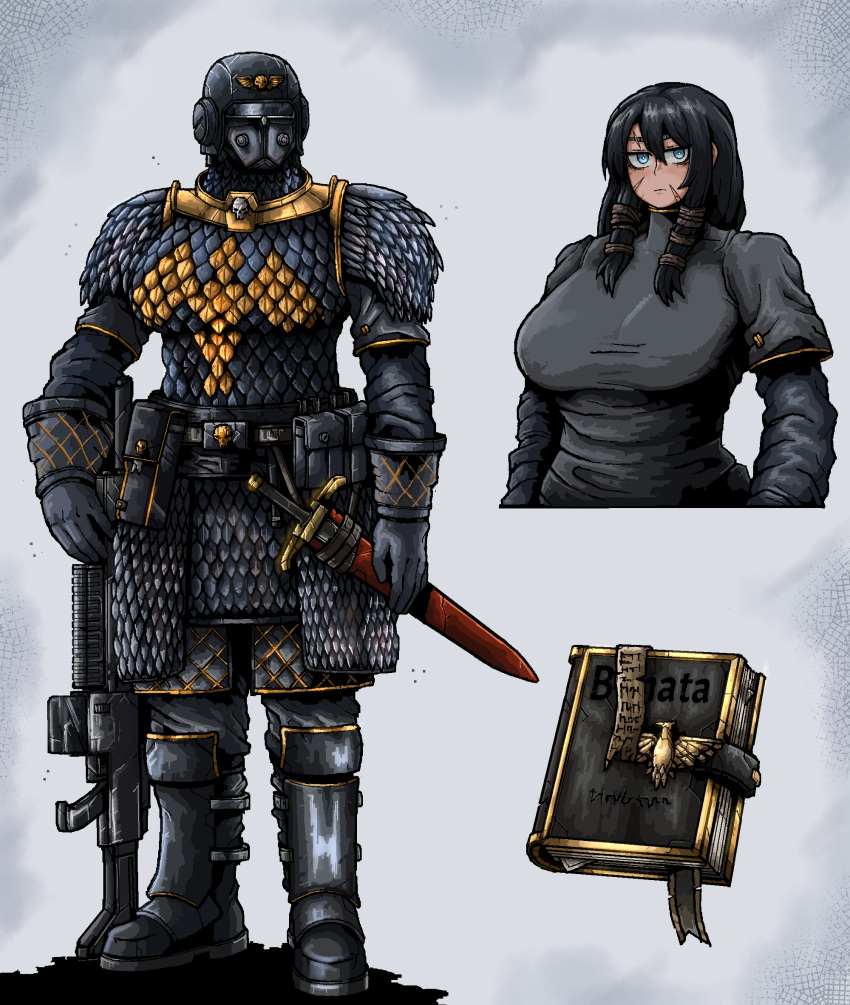 1girl, armor, astra_militarum, black_boots, black_hair, blue_eyes, book, boots