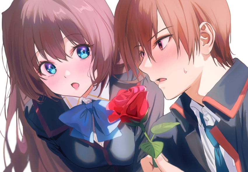 1boy, 1girl, a-chan_(little_busters!), black_jacket, blue_bow, blue_bowtie, blue_eyes, blush