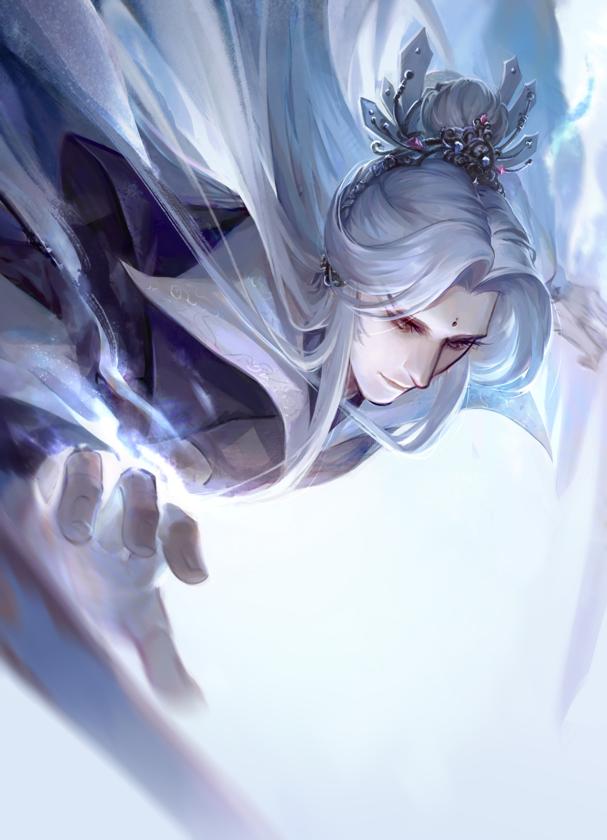 1boy, absurdres, black_hanfu, blue_gemstone, chinese_clothes, closed_mouth, curtained_hair, facial_mark