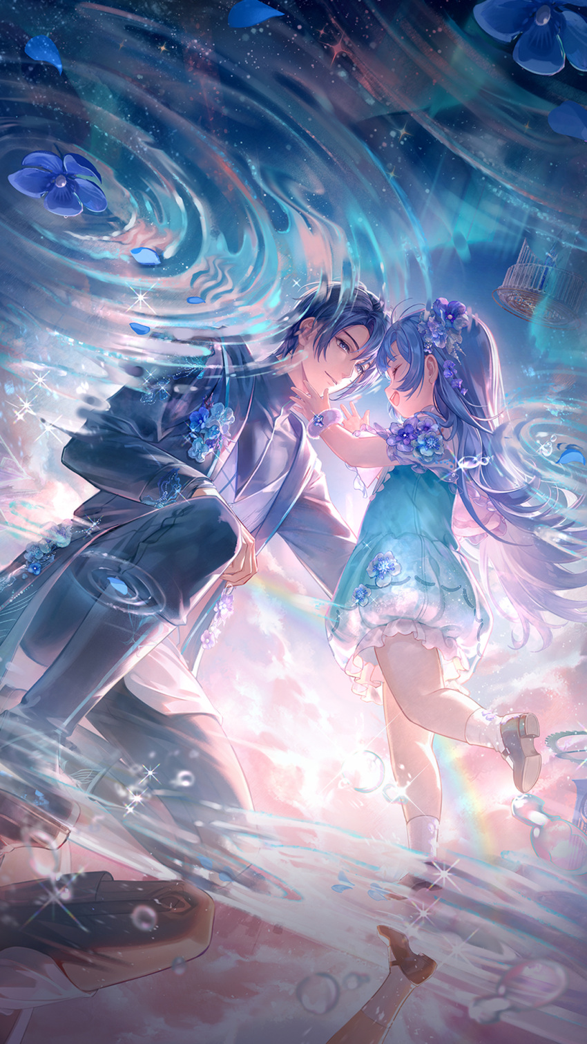 1boy, 1girl, ^_^, aeon_(shining_nikki), ankle_socks, artist_request, aurora, black_jacket, black_pants, black_shirt, black_suit, blazer, bloomers, blue_dress, blue_eyes, blue_flower, blue_hair, blue_sky, brother_and_sister, brown_shoes, bubble_skirt, child, chinese_commentary, closed_eyes, clouds, coattails, collared_jacket, collared_shirt, commentary_request, dress, dress_pants, dress_shoes, flower, flower_brooch, frilled_dress, frills, full_body, fur_cuffs, gradient_sky, grey_vest, hair_flower, hair_ornament, happy, high_collar, highres, imminent_hug, jacket, lapels, layered_sleeves, leg_up, light_particles, light_smile, long_hair, long_sleeves, looking_at_another, marina_(shining_nikki), mary_janes, nikki_(series), official_art, on_one_knee, open_clothes, open_jacket, open_mouth, outdoors, pants, peaked_lapels, petals, pink_sky, rainbow, reflection, reflection_focus, ripples, second-party_source, shining_nikki, shirt, shoes, short_dress, short_hair, short_sleeves, siblings, skirt, sky, smile, socks, standing, star_(sky), starry_sky, suit, sunrise, thick_eyebrows, very_long_hair, vest, white_bloomers, white_socks, white_wrist_cuffs, wrist_cuffs, wrist_flower