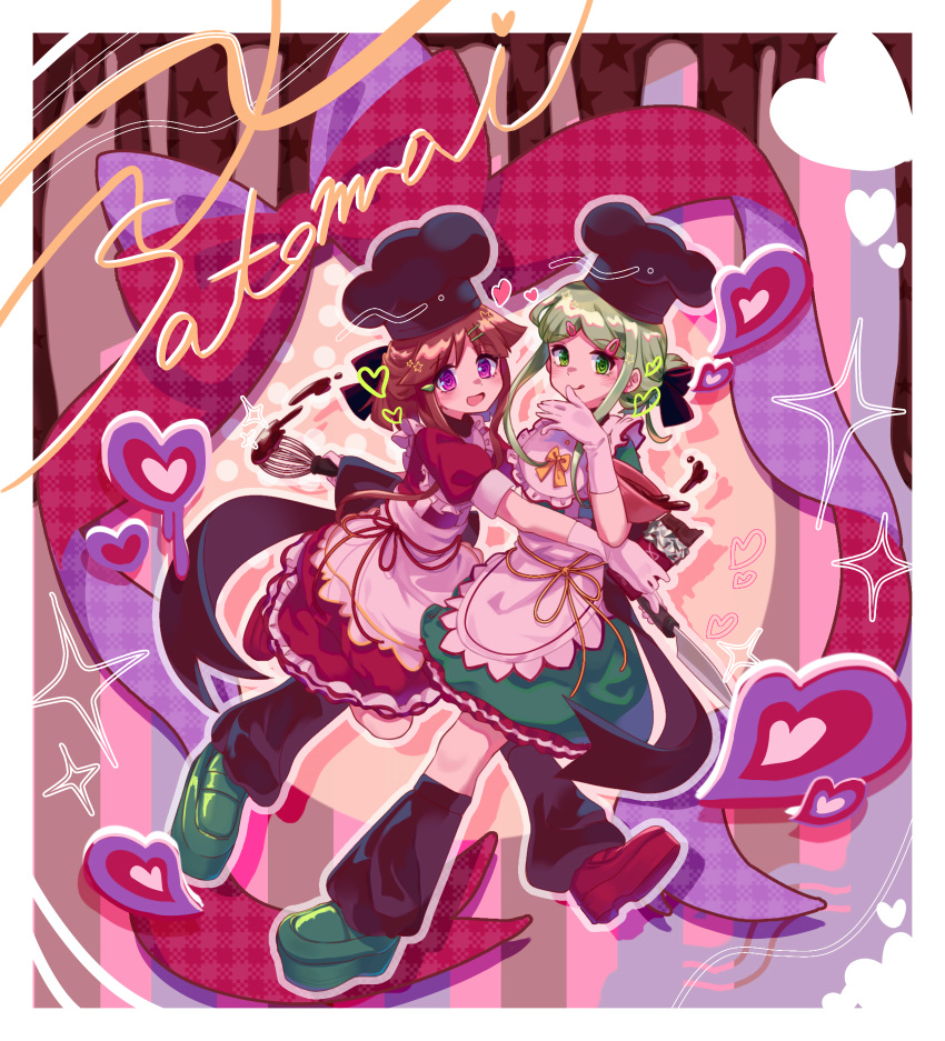 2girls, absurdres, amadare_rak, apron, bowl, brown_hair, candy, character_name