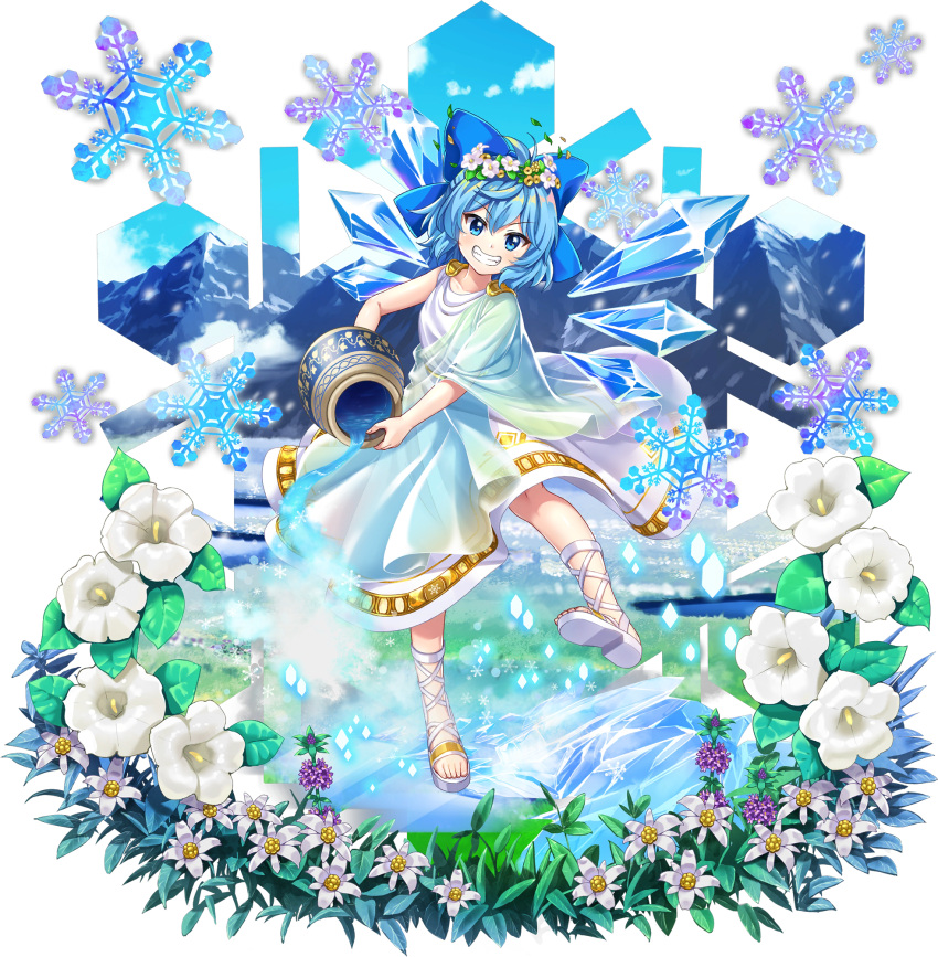 1girl, alternate_costume, ancient_greek_clothes, blue_bow, blue_hair, blue_sky, bow, cirno