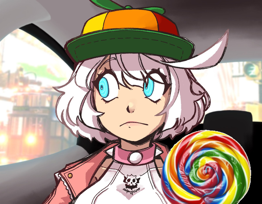 1girl, candy, car_interior, catpuccino4, choker, collar, derivative_work, elphelt_valentine