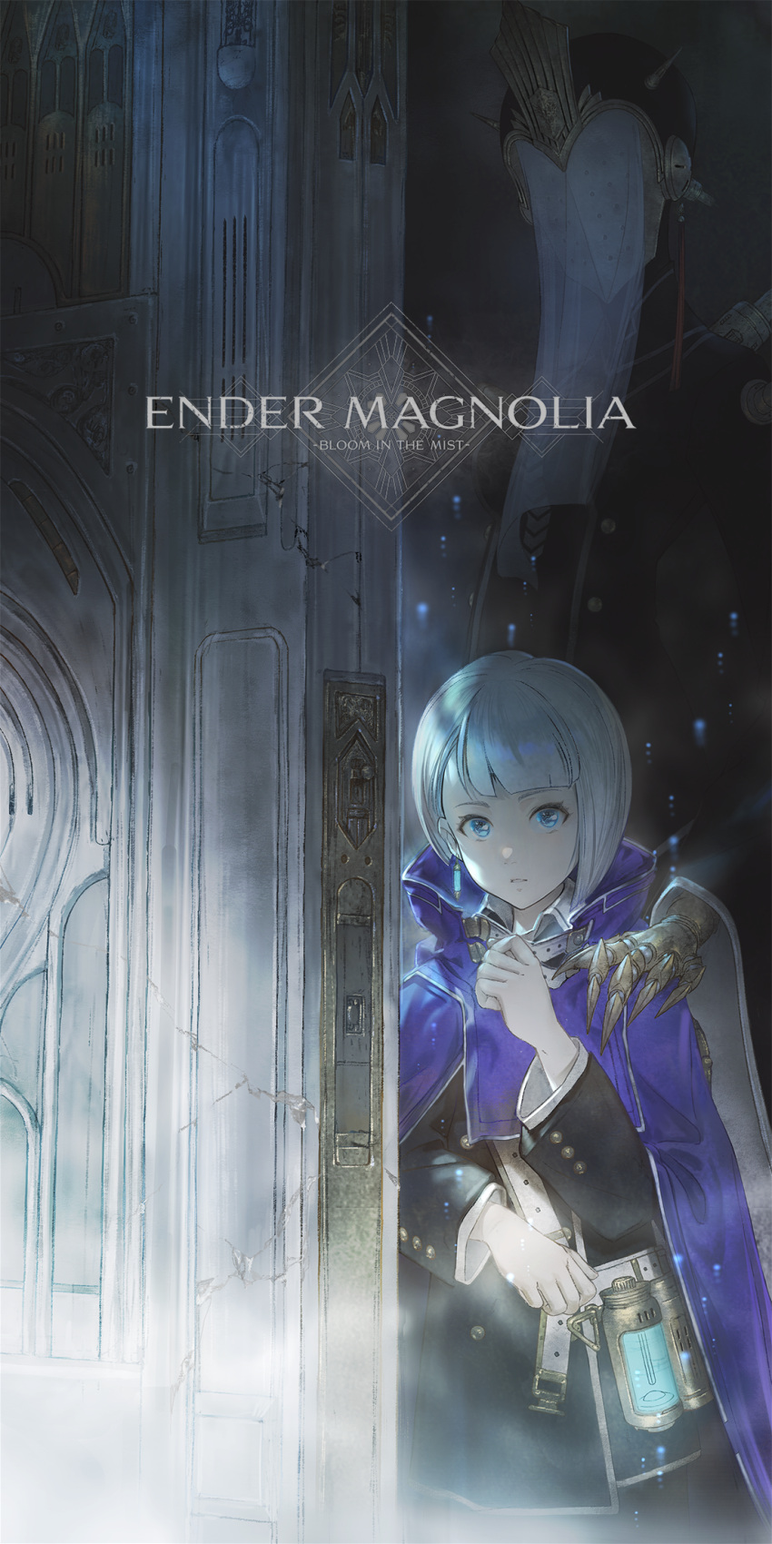 2girls, black_coat, black_dress, blue_cloak, blue_eyes, cloak, coat, door