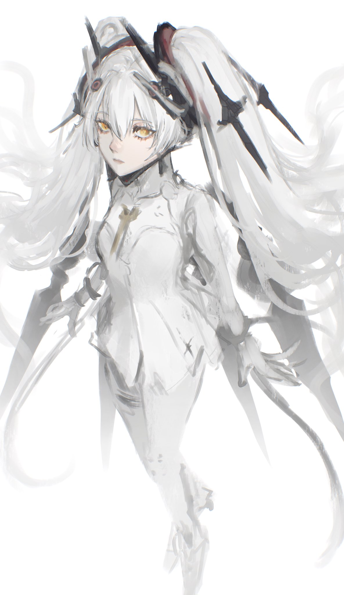 1girl, bodysuit, floating, floating_headgear, floating_object, floating_weapon, gi_ra1, grey_hair