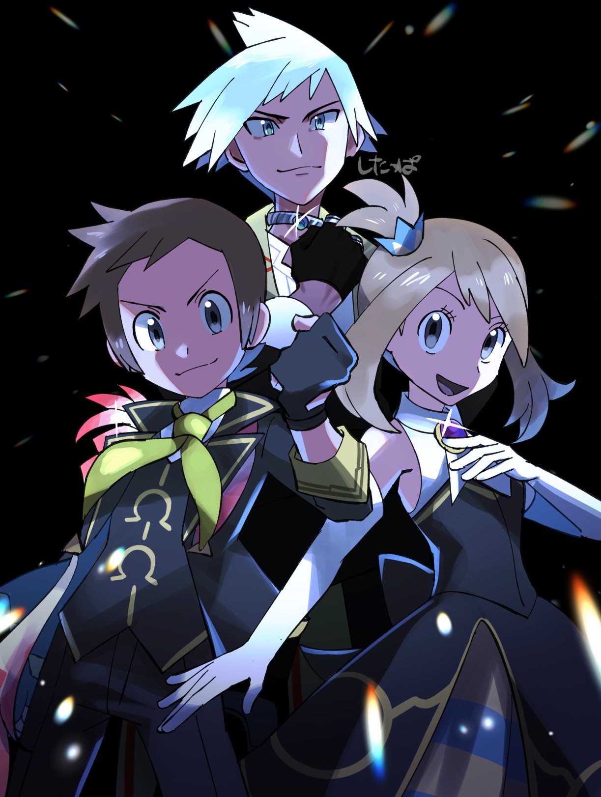 1girl, 2boys, black_background, black_dress, black_gloves, black_jacket, black_pants, blue_hair