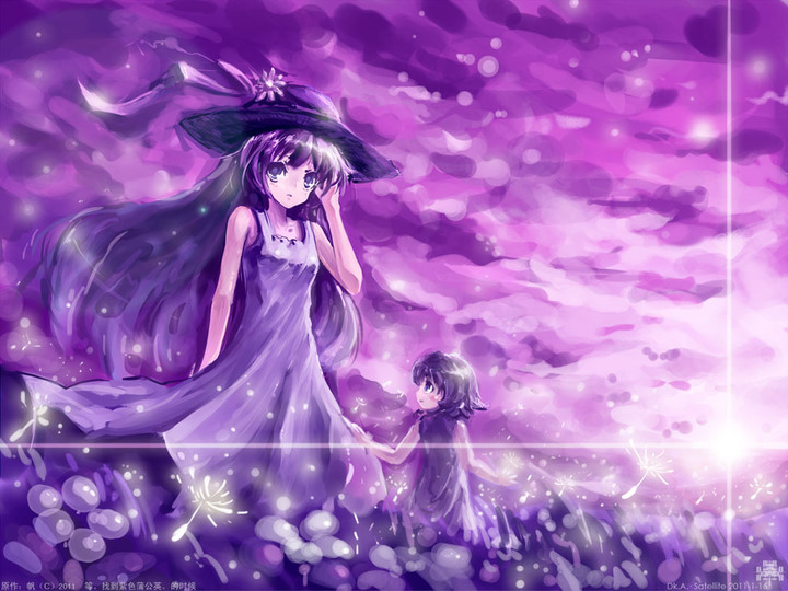 2girls, child, d-ka-satellite, dandelion, dress, flower, flower_field, hat