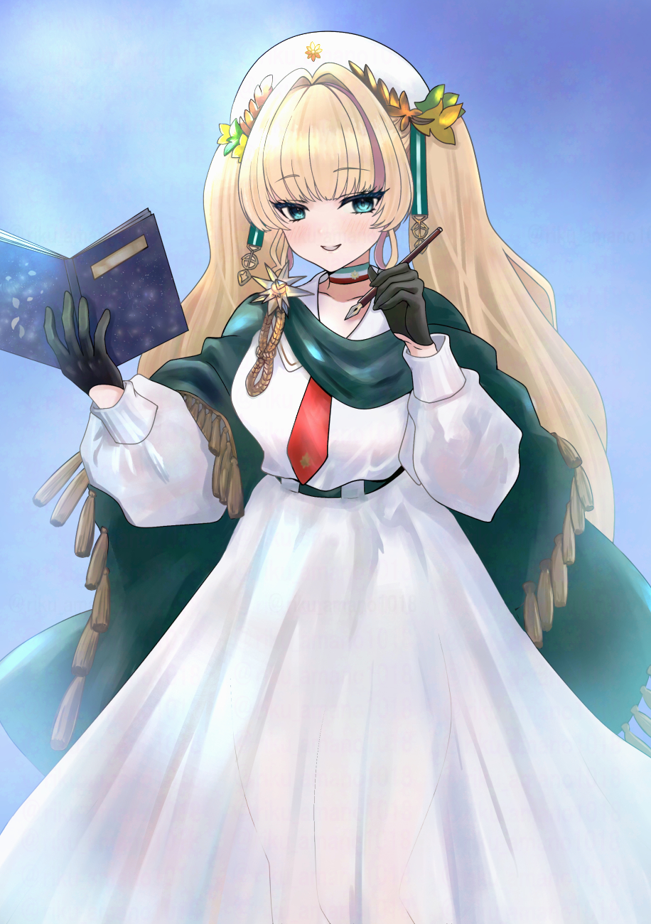 1girl, aiguillette, aqua_eyes, azur_lane, black_gloves, blonde_hair, book, dress