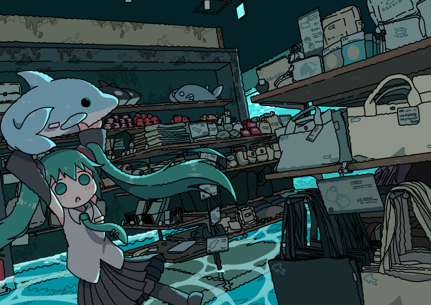 1girl, absurdres, arms_up, bag, blue_eyes, blue_hair, blue_necktie, dolphin