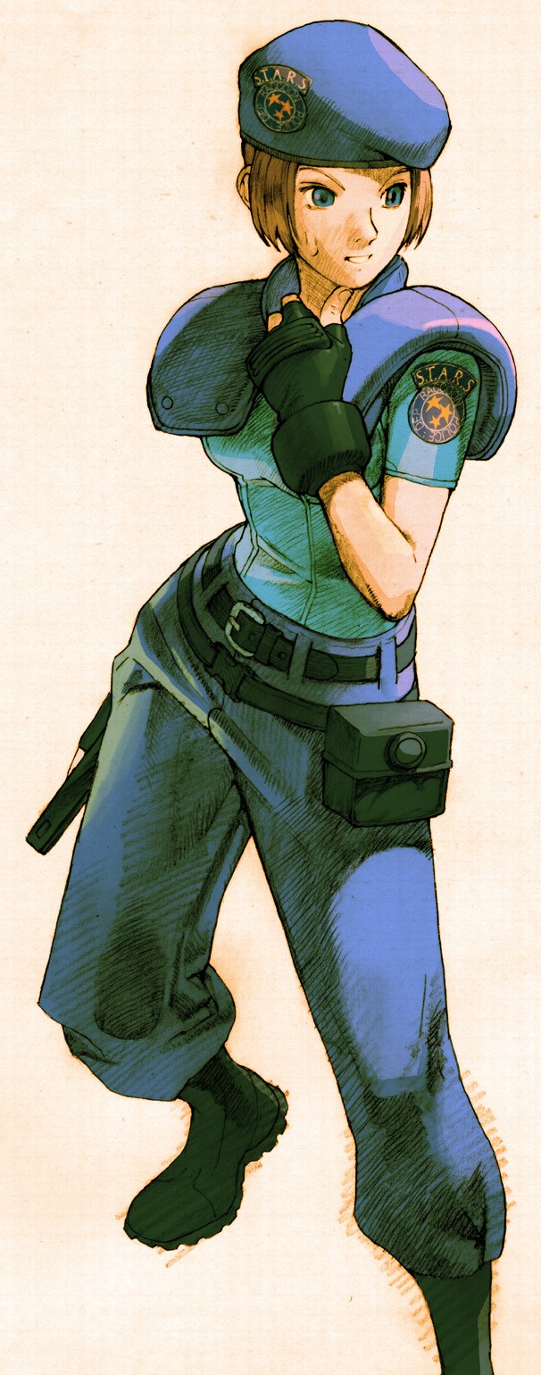 blue_eyes, boots, capcom, crmk, fingerless_gloves, gloves, gun, highres