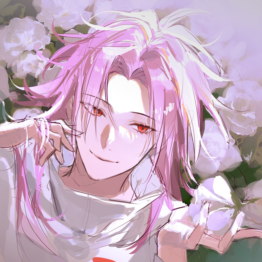 1boy, absurdres, closed_mouth, curtained_hair, eyes_visible_through_hair, flower, hands_up, hatsutori_hajime