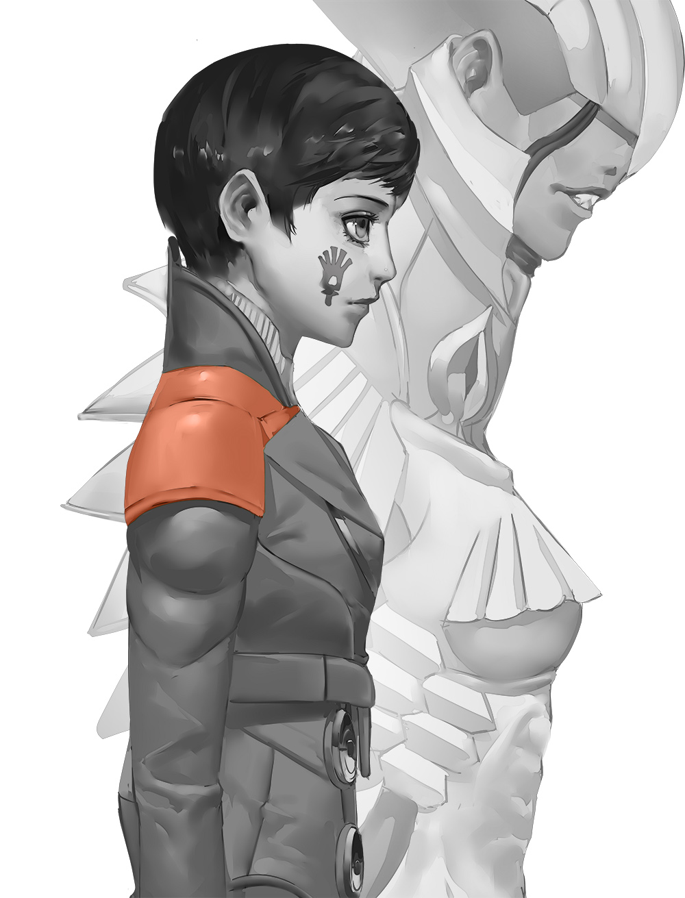 2girls, blazpu, bodysuit, clenched_teeth, digital_devil_saga, dual_persona, expressionless, facial_mark