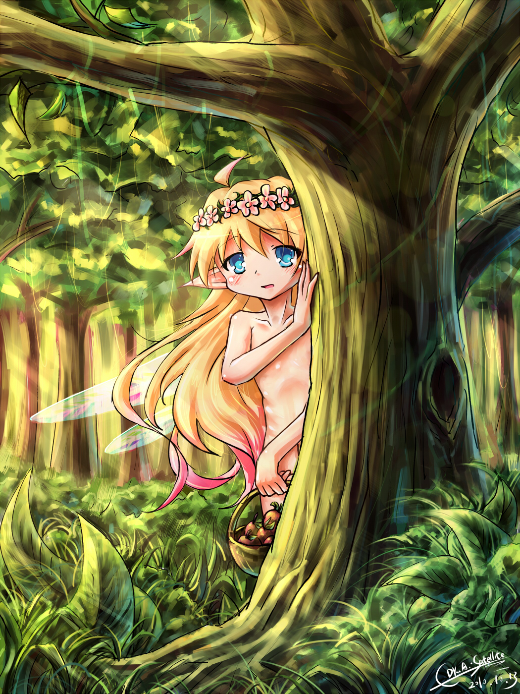 ahoge, apple, basket, blonde_hair, blue_eyes, d-ka-satellite, fairy, flower_on_head