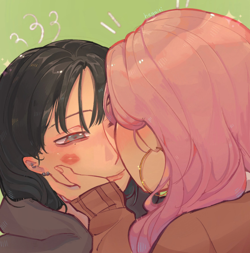 2girls, artist_name, black_hair, brown_sweater, commentary, earrings, english_commentary, green_background