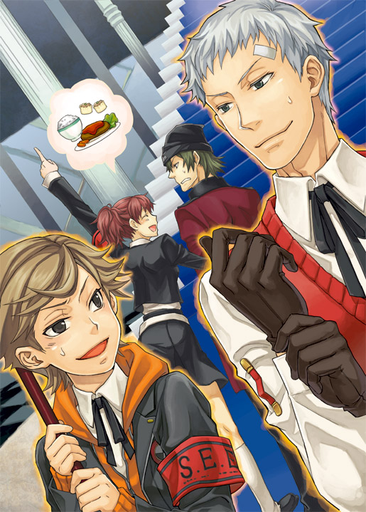 amada_ken, aragaki_shinjirou, brown_hair, female_protagonist_(persona_3), food, grey_hair, multiple_boys, persona, persona_3, persona_3_portable, sanada_akihiko, shidatsu_takayuki, thought_bubble