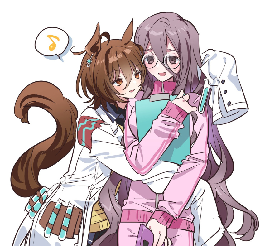 2girls, :d, agnes_tachyon_(umamusume), ahoge, animal_ears, arm_around_waist, borrowed_character, brown_eyes
