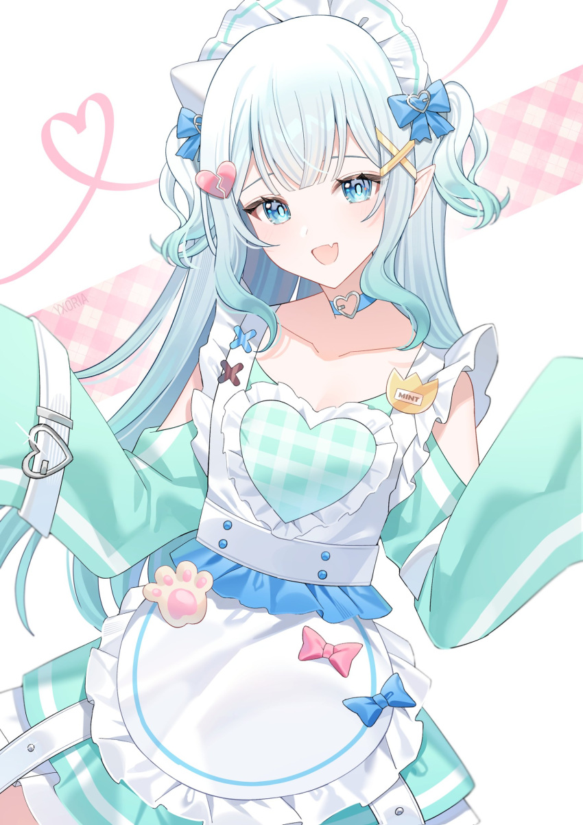1girl, absurdres, apron, aqua_dress, aqua_eyes, aqua_hair, aqua_skirt, back_bow
