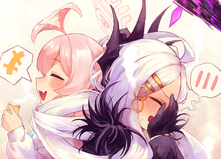 +++, 2girls, :d, =_hair_ornament, ^_^, absurdres, ahoge, ahoge_wag
