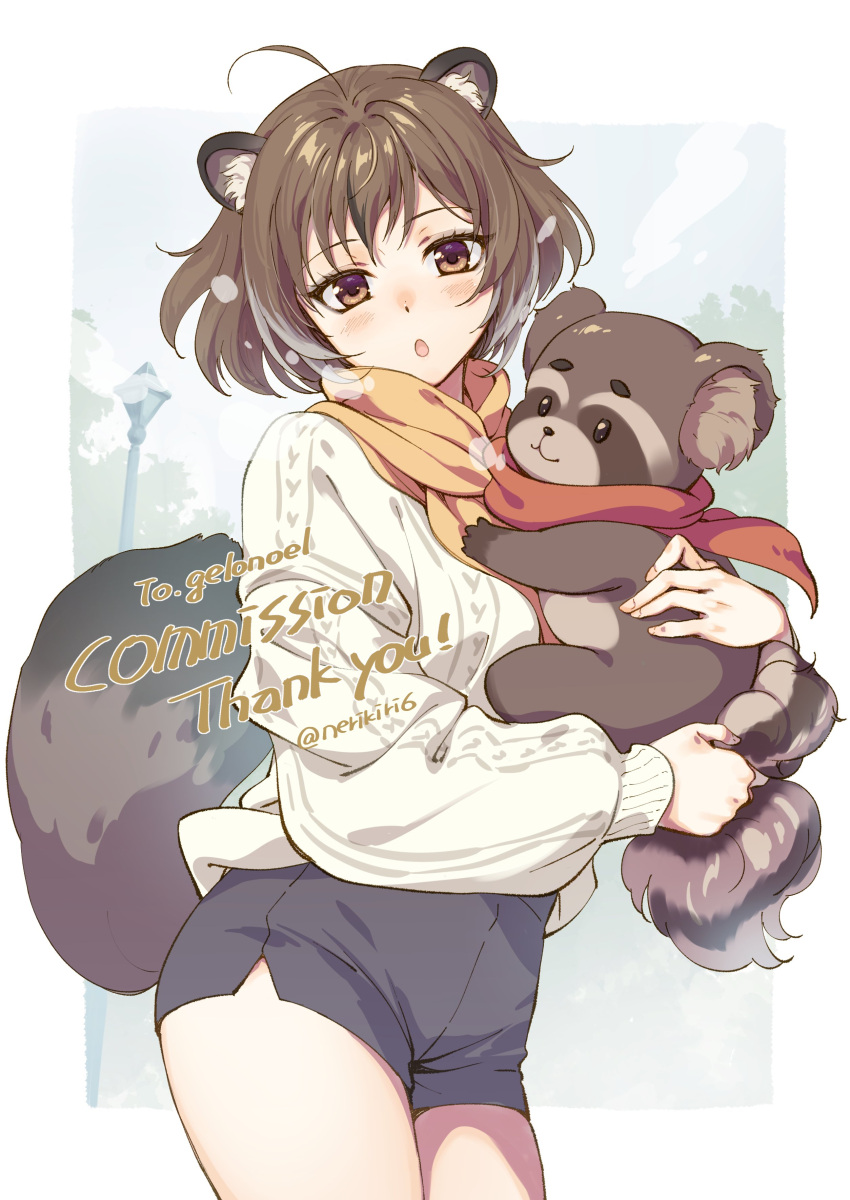 1girl, :3, absurdres, ahoge, animal_ears, black_shorts, brown_eyes, brown_hair, commentary, commission, commissioner_name, cyon_hart, english_commentary, highres, holding, looking_at_viewer, nerikiri6, raccoon_ears, raccoon_girl, raccoon_tail, scarf, second-party_source, short_eyebrows, shorts, solo, sweater, tail, thank_you, twitter_username, v&amp;u_entertainment, virtual_youtuber, white_sweater, yellow_scarf
