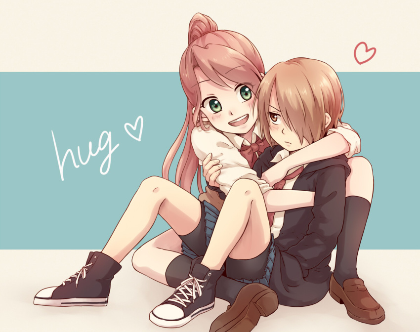 2girls, annoyed, arm_around_neck, bike_shorts_under_skirt, black_jacket, bow, bowtie, collared_shirt