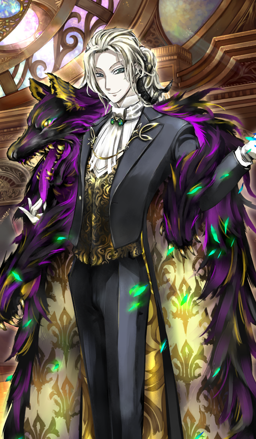 1boy, ascot, black_suit, blonde_hair, blue_eyes, buttons, chain, closed_mouth, commentary, dress_pants, fate/grand_order, fate_(series), feet_out_of_frame, formal_clothes, gloves, indoors, lapels, light_rays, long_hair, long_sleeves, looking_at_viewer, male_focus, notched_lapels, official_art, pelt, petals, pfalz, ponytail, popped_collar, print_vest, sidelocks, smirk, solo, stained_glass, standing, suit, tailcoat, third-party_source, two-sided_tailcoat, vest, waistcoat, white_ascot, white_gloves, wolf_head, wolf_pelt, wolfgang_amadeus_mozart_(fate), wolfgang_amadeus_mozart_(formal_dress)_(fate)