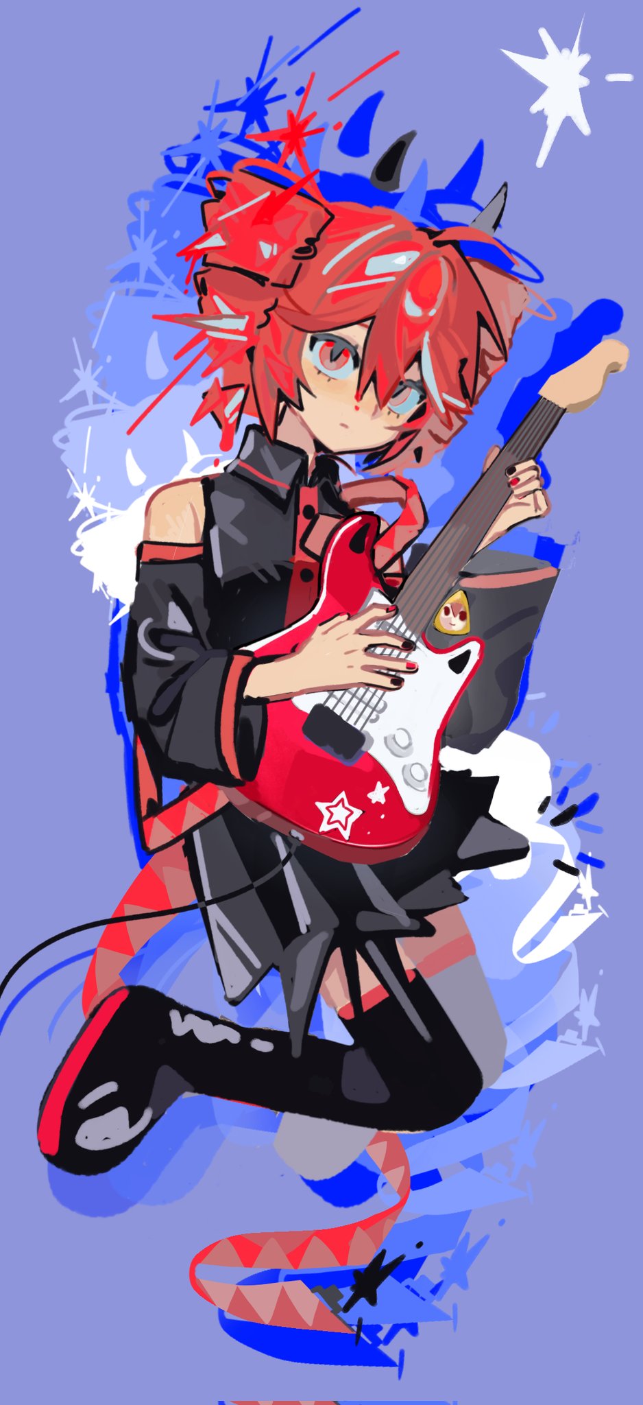 1girl, ahoge, bare_shoulders, belt, black_boots, black_horns, black_nails, black_shirt