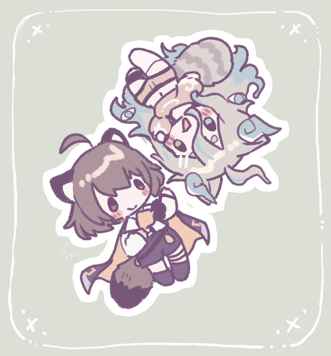 2girls, :d, ahoge, animal_ears, black_shoes, black_shorts, blush, breasts