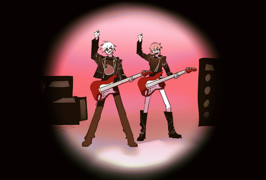 1boy, 1girl, ^_^, apt._(rose_&amp;_bruno_mars), arm_up, black_boots, black_jacket, black_pants