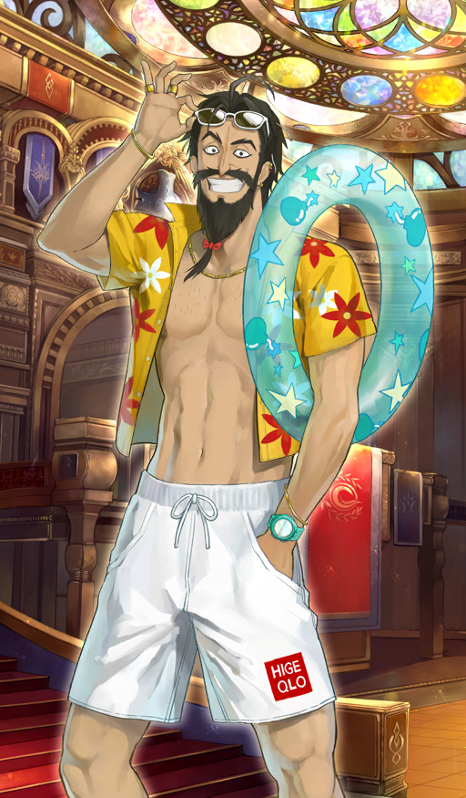 1boy, abs, adjusting_eyewear, ahoge, b_suke, bare_pectorals, beard, beard_bow