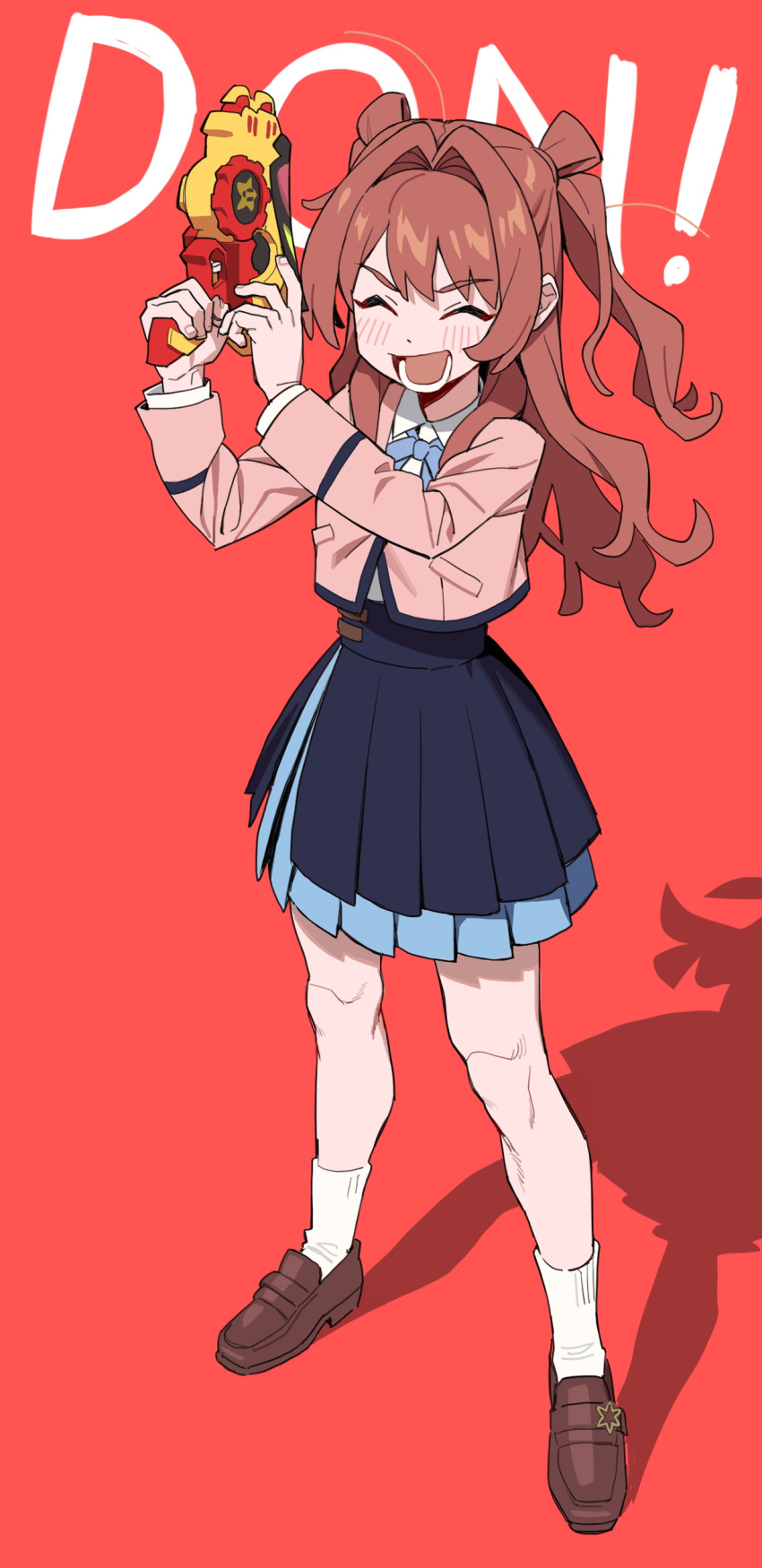 1girl, absurdres, blue_ribbon, blue_skirt, blush, brown_shoes, closed_eyes, collared_shirt
