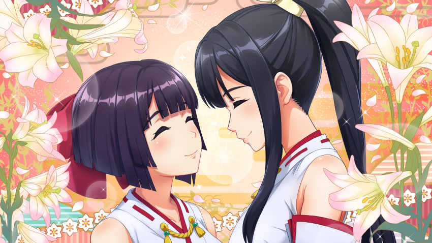 bare_shoulders, black_hair, bow, closed_eyes, closed_mouth, detached_sleeves, egasumi, facing_another