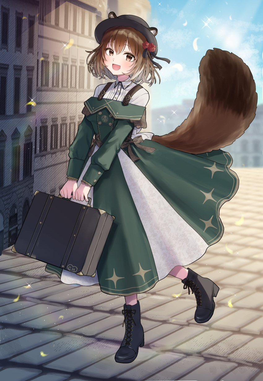 1girl, :d, absurdres, black_hat, black_shoes, blurry, blush, briefcase