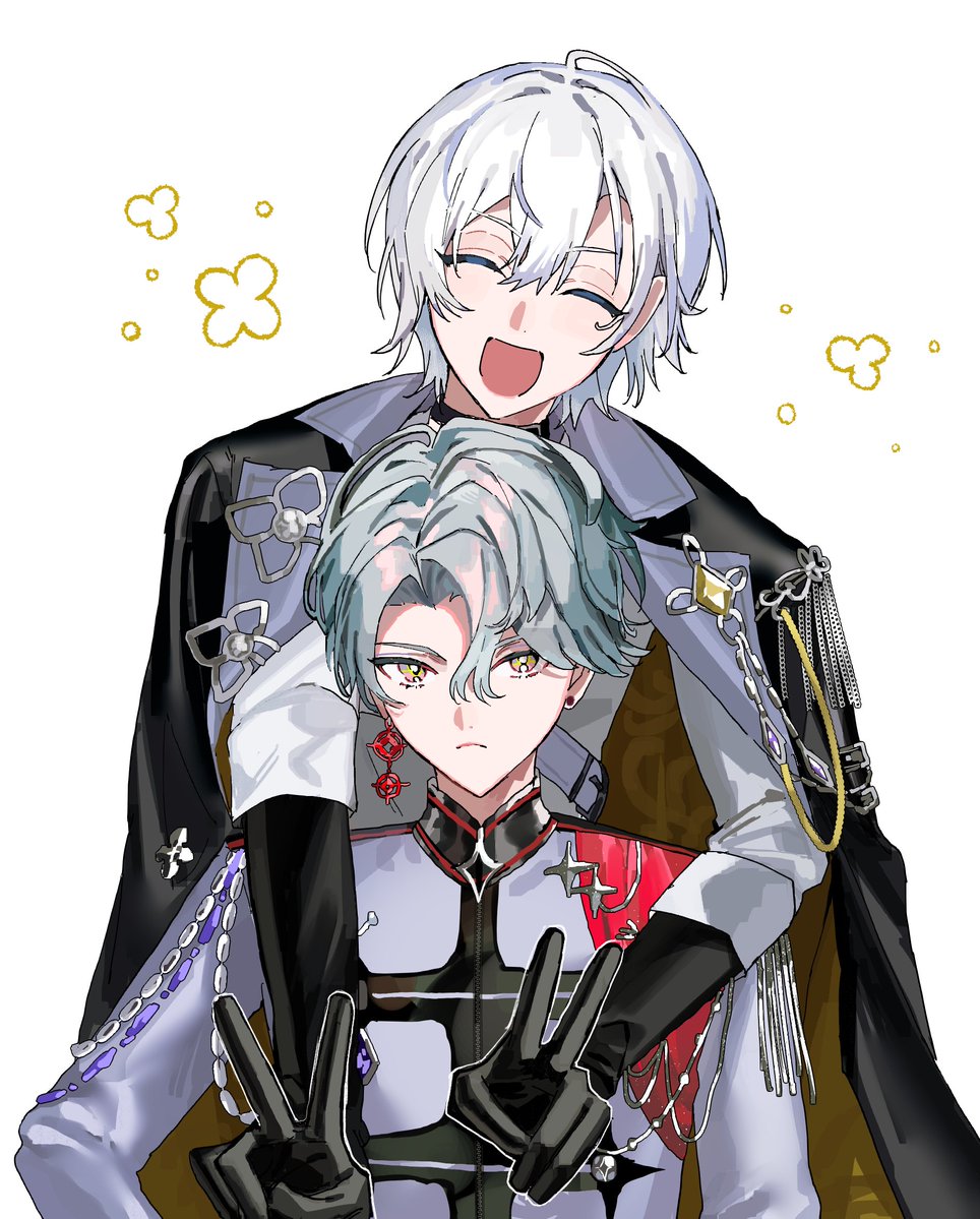 2boys, aiguillette, black_cape, black_gloves, blue_hair, cape, closed_eyes, closed_mouth