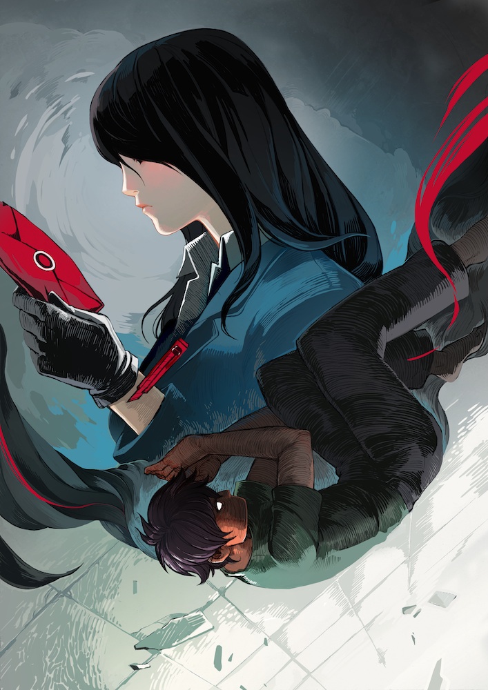 black_eyes, black_gloves, black_hair, black_pants, blazer, blue_jacket, character_request, check_character