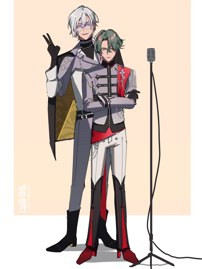 2boys, absurdres, aiguillette, belt, black_belt, black_cape, black_gloves, blue_hair