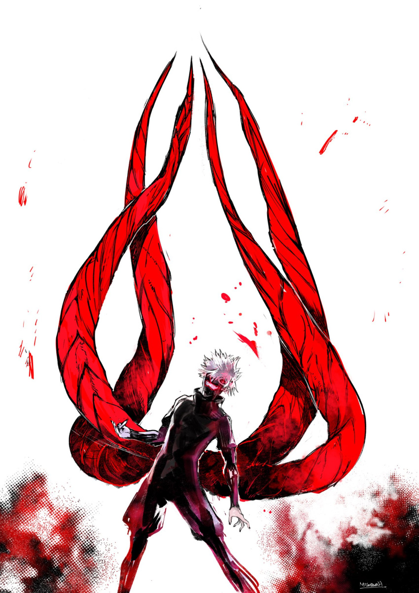 1boy, feet_out_of_frame, grin, highres, kagune_(tokyo_ghoul), kaneki_ken, looking_at_viewer, male_focus