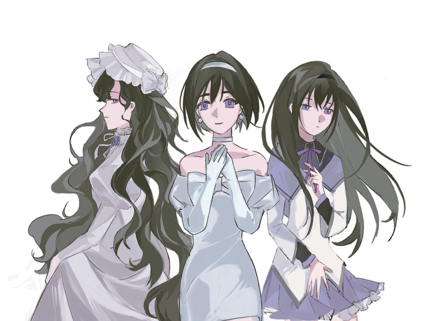 3girls, akemi_homura, alien_stage, bare_shoulders, beads, berubetto, black_hair, black_hairband, bow, bowtie, capelet, chinese_commentary, choker, closed_mouth, collarbone, collared_capelet, collared_dress, commentary_request, cowboy_shot, crossover, dress, earrings, elbow_gloves, expressionless, frilled_bow, frilled_dress, frilled_headwear, frilled_skirt, frills, gloves, gown, hairband, hand_on_lap, hand_on_own_chest, happy, hat, hat_bow, high_collar, highres, isolde_(reverse:1999), jewelry, juliet_sleeves, layered_sleeves, lipstick, long_hair, long_sleeves, magical_girl, mahou_shoujo_madoka_magica, mahou_shoujo_madoka_magica_(anime), makeup, miniskirt, multiple_girls, neck_ribbon, off-shoulder_dress, off_shoulder, own_hands_together, pink_lips, pleated_skirt, pointy_nose, puffy_short_sleeves, puffy_sleeves, purple_bow, purple_bowtie, purple_capelet, purple_skirt, reverse:1999, ribbon, short_dress, short_hair, short_sleeves, sidelocks, simple_background, skirt, smile, sphere_earrings, standing, sua_(alien_stage), very_long_hair, violet_eyes, wavy_hair, white_background, white_bow, white_bowtie, white_choker, white_dress, white_gloves, white_hairband, white_hat, white_ribbon