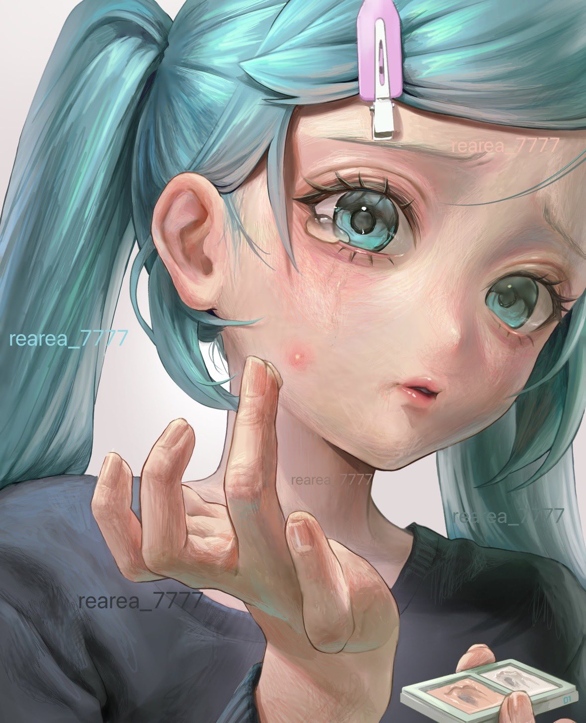 1girl, applying_makeup, aqua_eyes, aqua_hair, artist_name, black_sweater, hair_ornament, hairclip, hatsune_miku, highres, low_twintails, parted_lips, pimple, rearea_7777, solo, sweater, tearing_up, twintails, vocaloid
