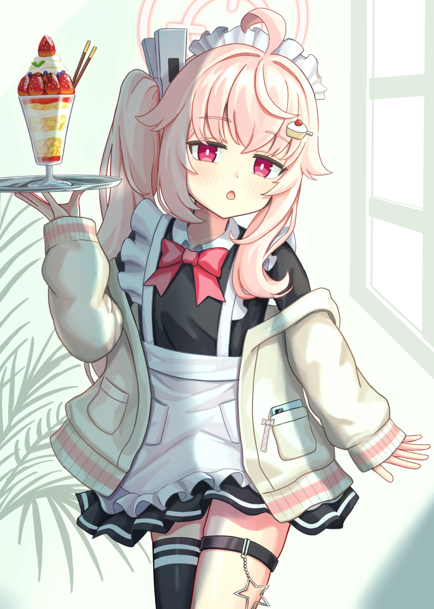 1girl, absurdres, ahoge, apron, asymmetrical_legwear, asymmetrical_sidelocks, black_shirt, black_skirt