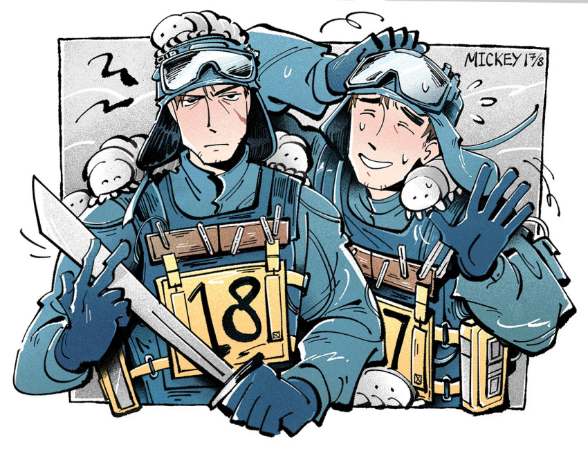 2boys, annoyed, arms_up, blue_shirt, bulletproof_vest, closed_eyes, collared_shirt, commentary