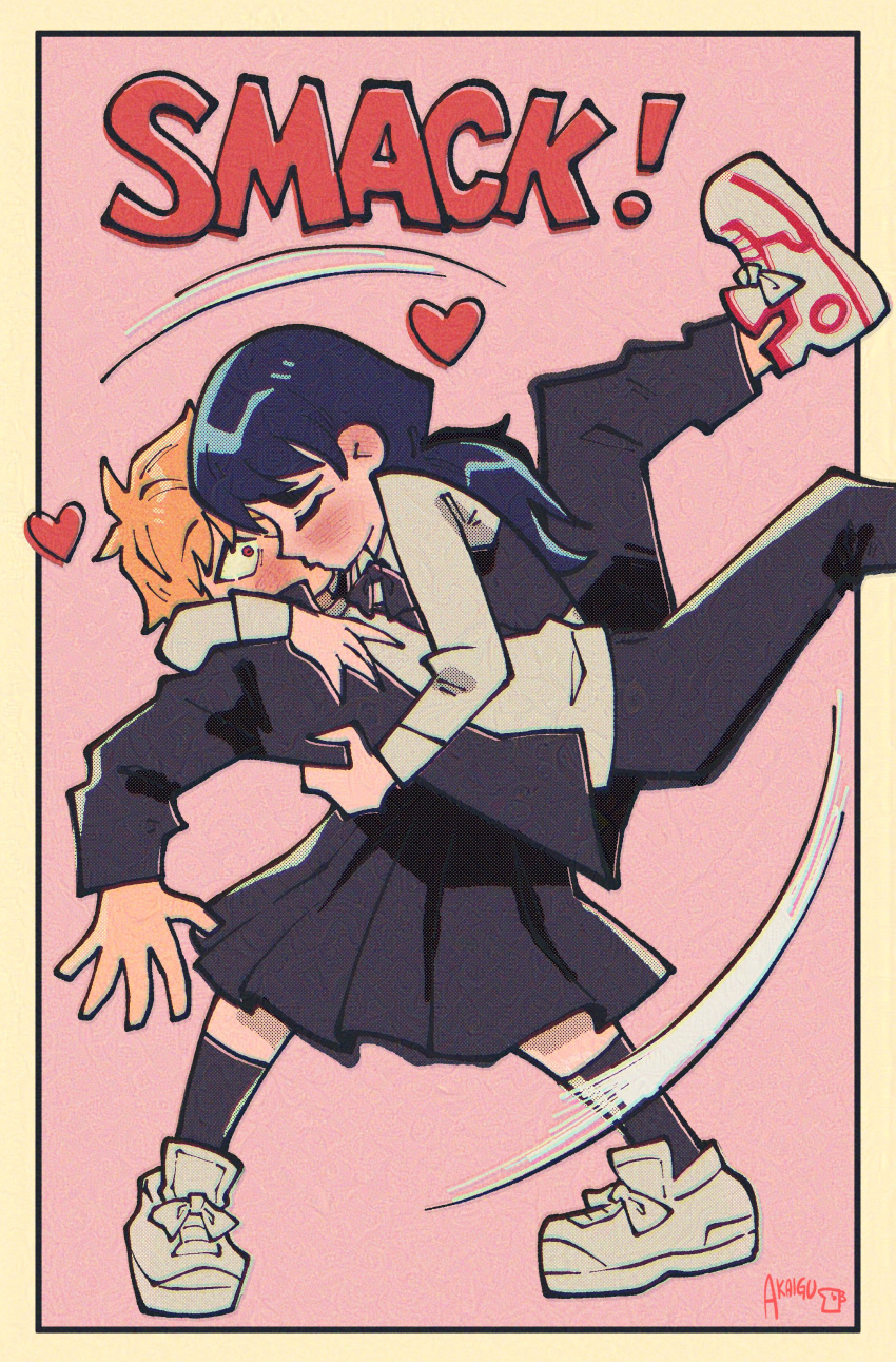 1boy, 1girl, absurdres, akaiguarts, archie, artist_name, black_hair, black_pants