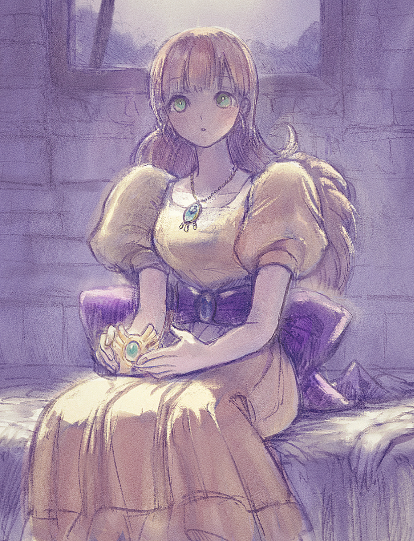 1girl, back_ribbon, blunt_bangs, breasts, commentary_request, dragon_quest, dragon_quest_i, dress
