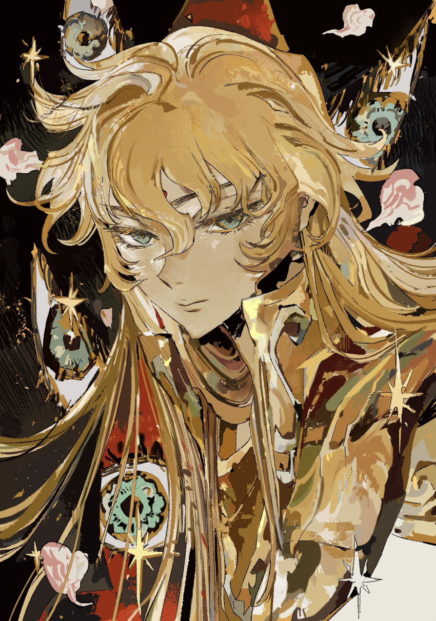 1boy, armor, black_background, blonde_hair, closed_mouth, facial_mark, floating_hair, forehead_mark