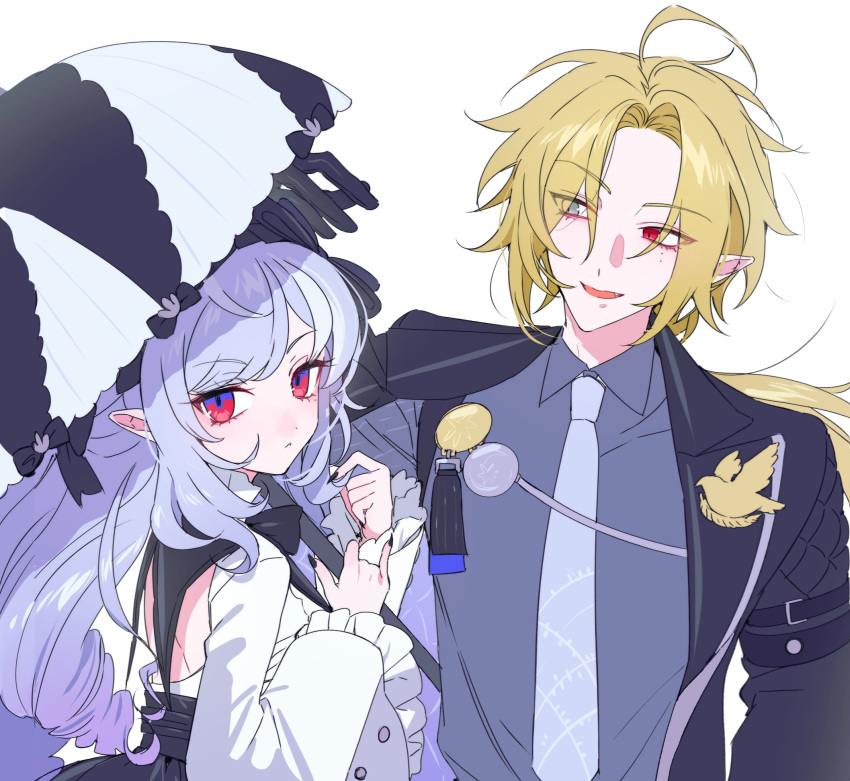 1boy, 1girl, black_gloves, black_jacket, black_nails, blonde_hair, blue_eyes, chusi_0122, closed_mouth, collared_shirt, drill_hair, fang, frills, gloves, hair_between_eyes, heterochromia, highres, holding, holding_umbrella, hugo_vlad, jacket, long_hair, long_sleeves, looking_at_viewer, mole, mole_under_eye, necktie, open_clothes, open_jacket, open_mouth, parasol, pointy_ears, purple_hair, red_eyes, shirt, simple_background, umbrella, upper_body, vivian_(zenless_zone_zero), white_background, zenless_zone_zero