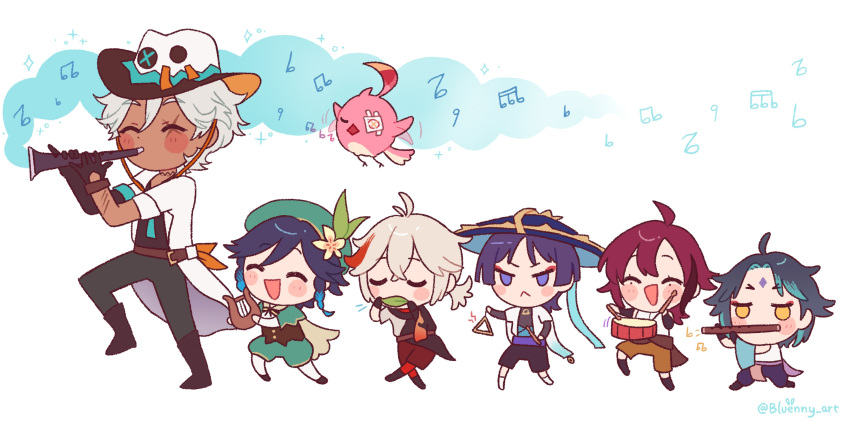 6+boys, :<, absurdres, bird, black_gloves, black_hair, blue_hair, bluenny
