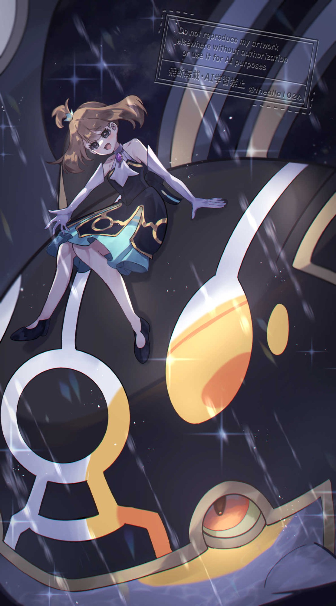 1girl, :d, alternate_color, bare_shoulders, black_dress, black_eyes, black_shoes, brown_hair, dress, elbow_gloves, gloves, highres, kyogre, looking_at_viewer, may_(champion)_(pokemon), may_(pokemon), official_alternate_costume, open_mouth, pokemon, pokemon_(creature), pokemon_masters_ex, primal_kyogre, shiny_pokemon, shoes, sitting_on_pokemon, smile, thealla1024, white_gloves
