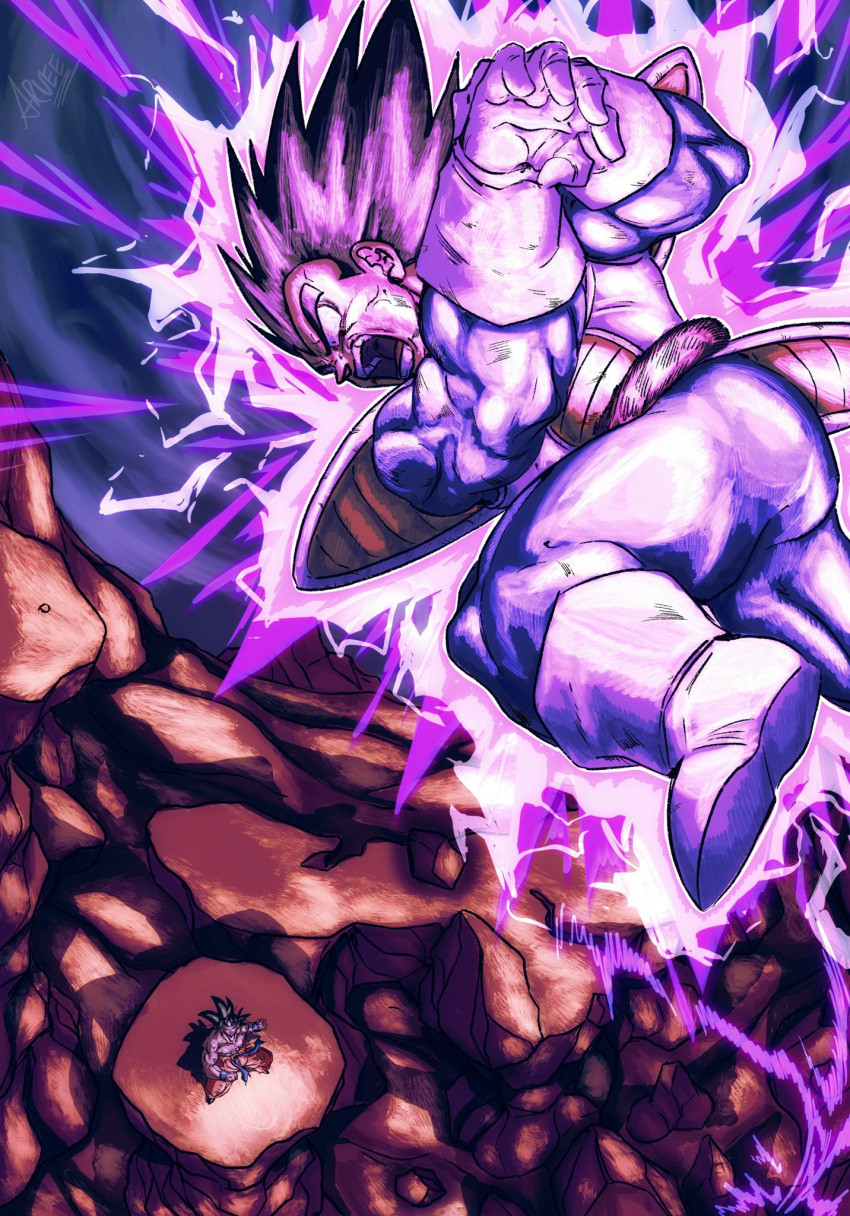 2boys, angry, aura, black_hair, clouds, cloudy_sky, dragon_ball, dragon_ball_z