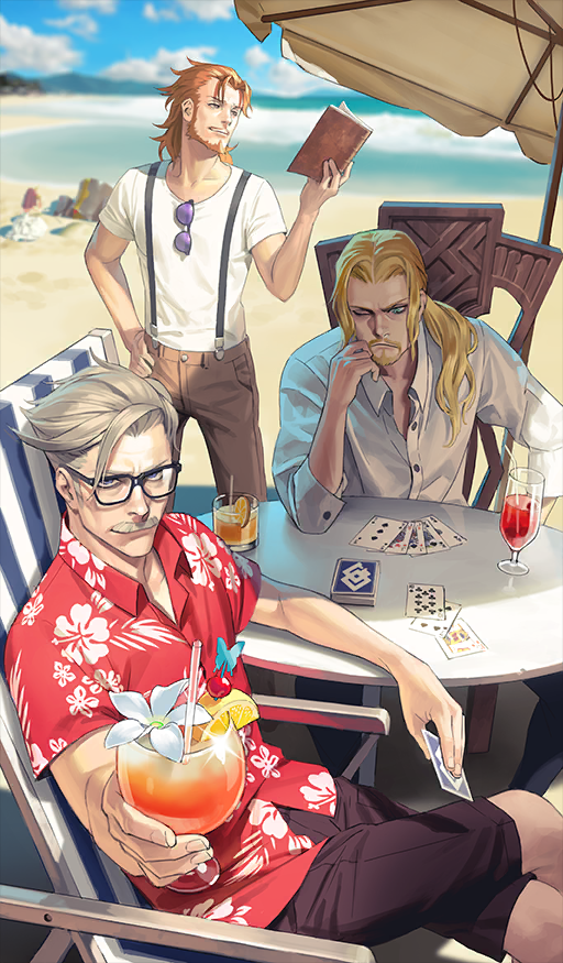 1girl, 3boys, beach, beach_chair, beach_umbrella, beard, black-framed_eyewear, black_shorts
