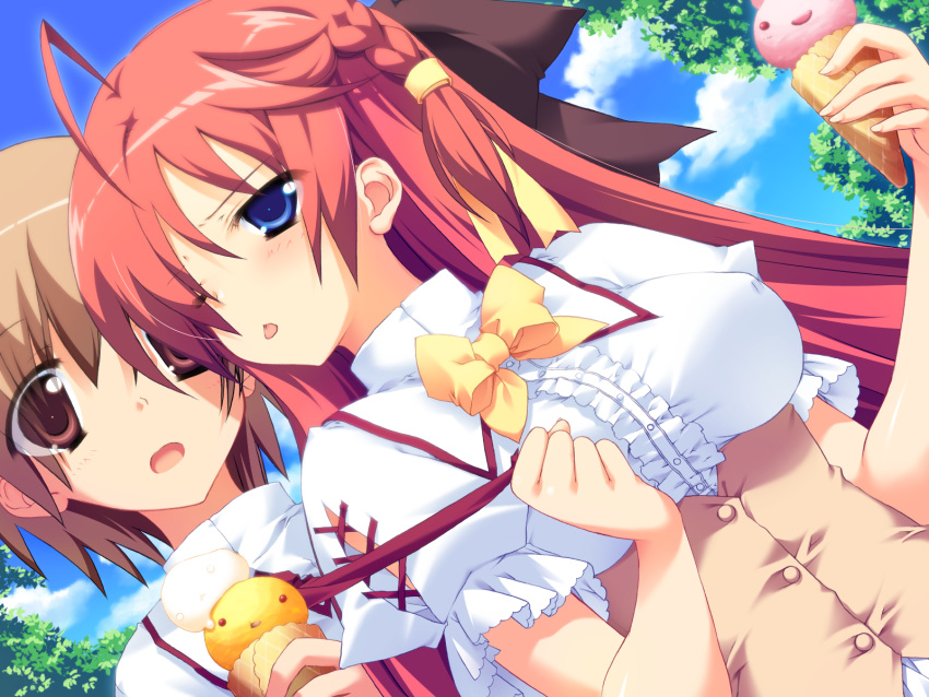 anekano, blue_eyes, brown_eyes, brown_hair, game_cg, ice_cream, long_hair, moo